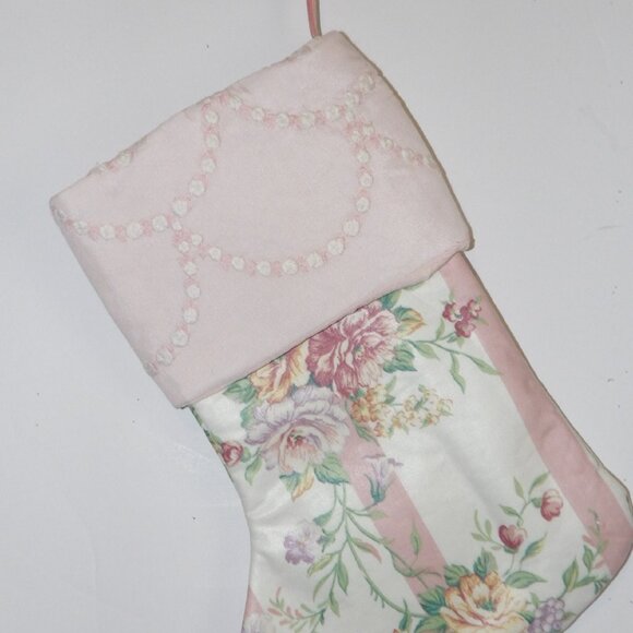 Pink Floral Stripe 14" Hand Crafted Christmas Stocking Pink Cord to Hang - Picture 3 of 5
